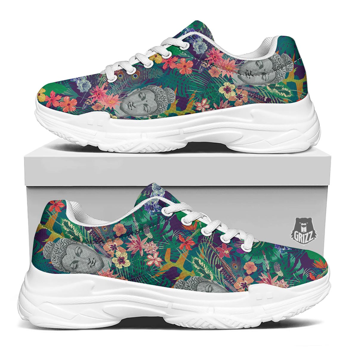 Buddha Tropical Print Pattern White Chunky Shoes-grizzshop