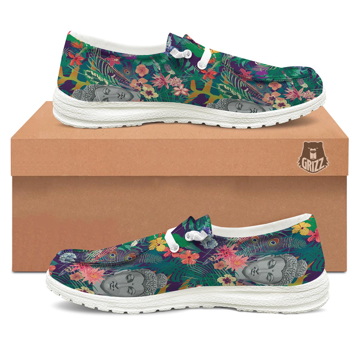 Buddha Tropical Print Pattern White Loafers-grizzshop