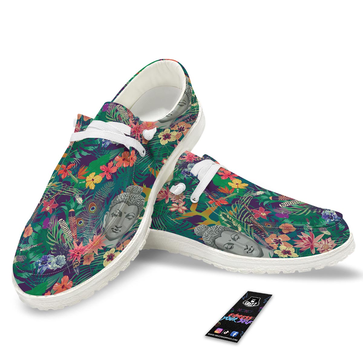 Buddha Tropical Print Pattern White Loafers-grizzshop