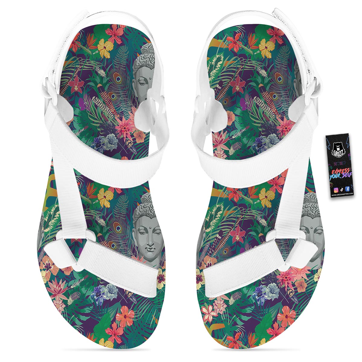 Buddha Tropical Print Pattern White Open Toe Sandals-grizzshop