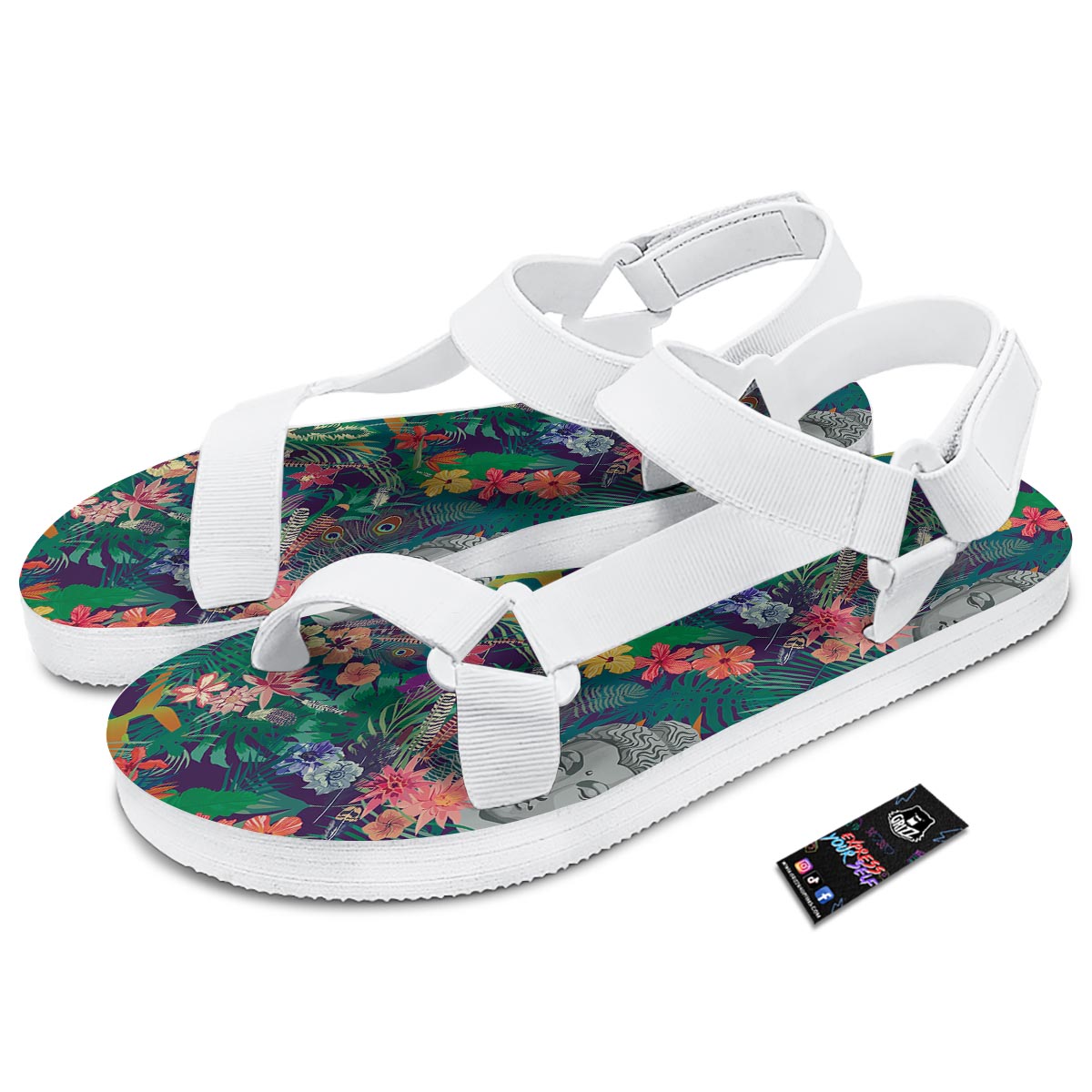 Buddha Tropical Print Pattern White Open Toe Sandals-grizzshop