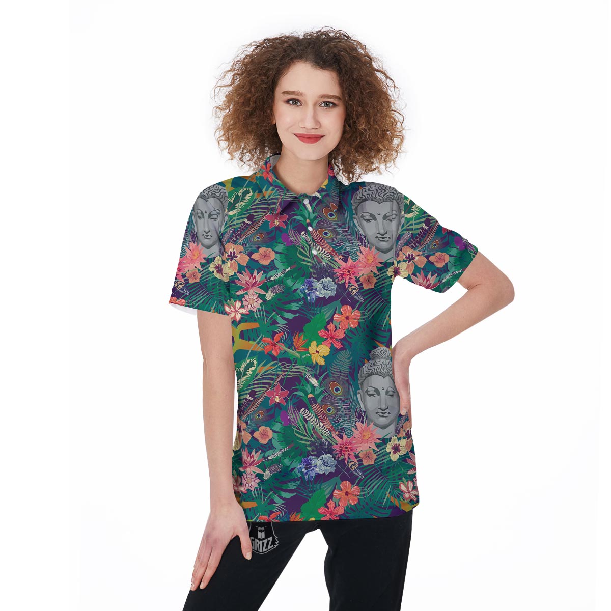 Buddha Tropical Print Pattern Women's Golf Shirts-grizzshop
