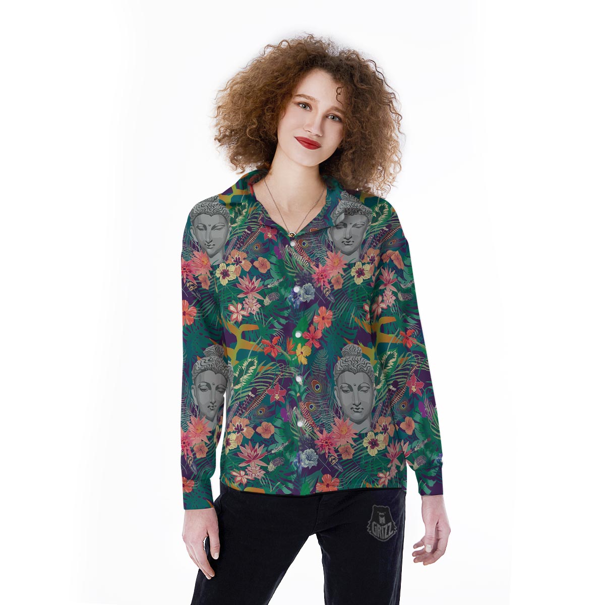Buddha Tropical Print Pattern Women's Long Sleeve Shirts-grizzshop
