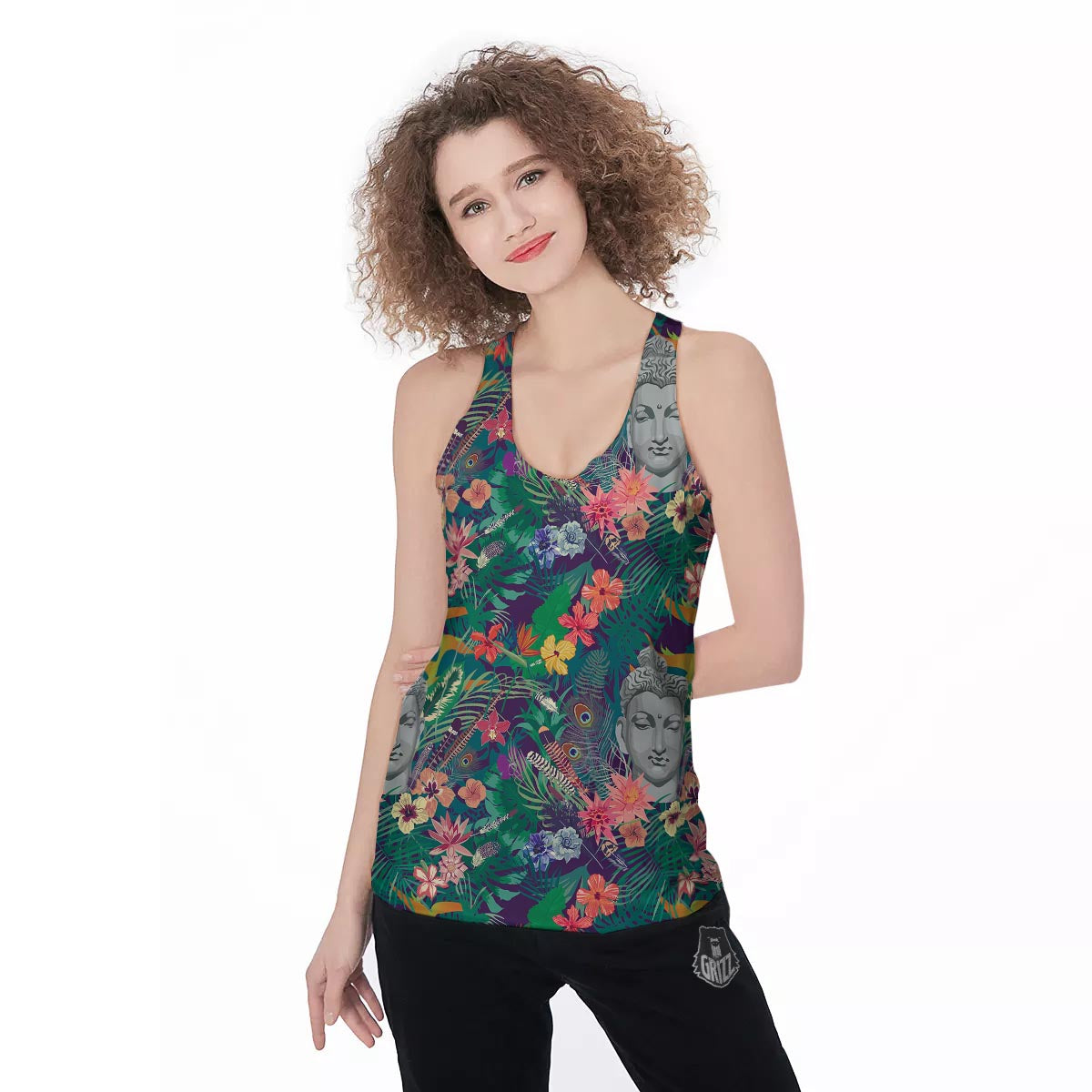 Buddha Tropical Print Pattern Women's Racerback Tank Top-grizzshop