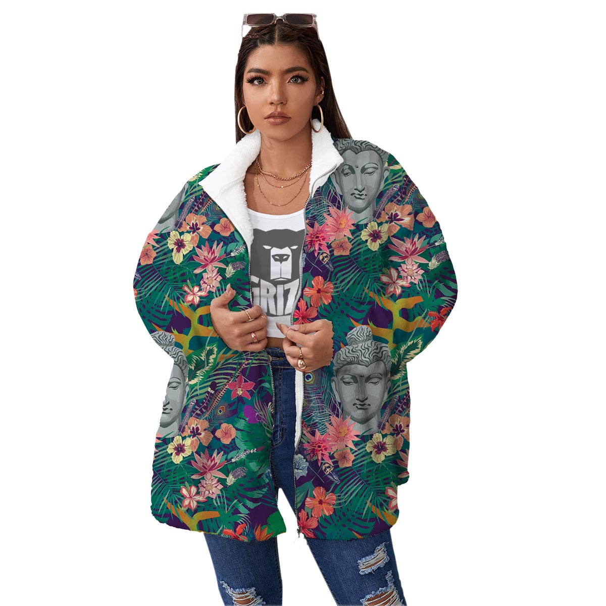 Buddha Tropical Print Pattern Women's Sherpa Jacket-grizzshop