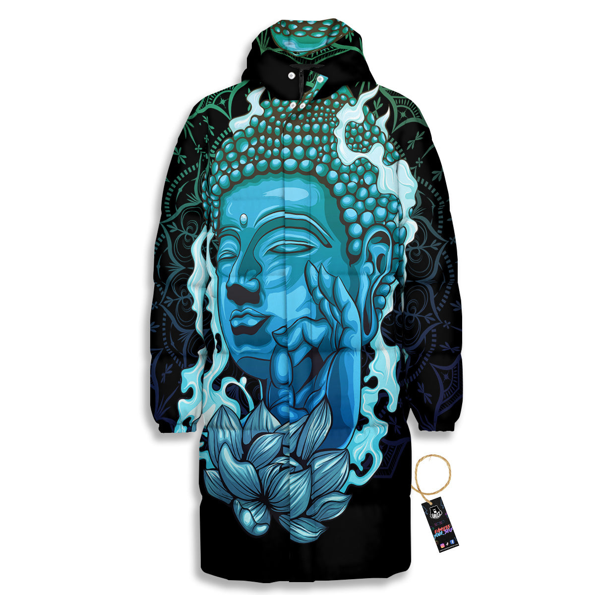 Buddha Blue Print Long Down Jacket