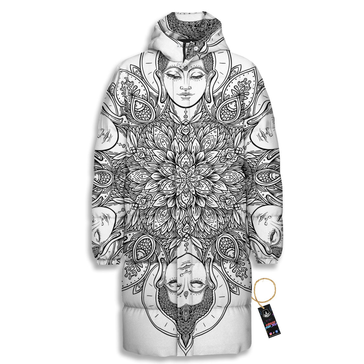 Buddha Face Ornate Mandala Print Long Down Jacket