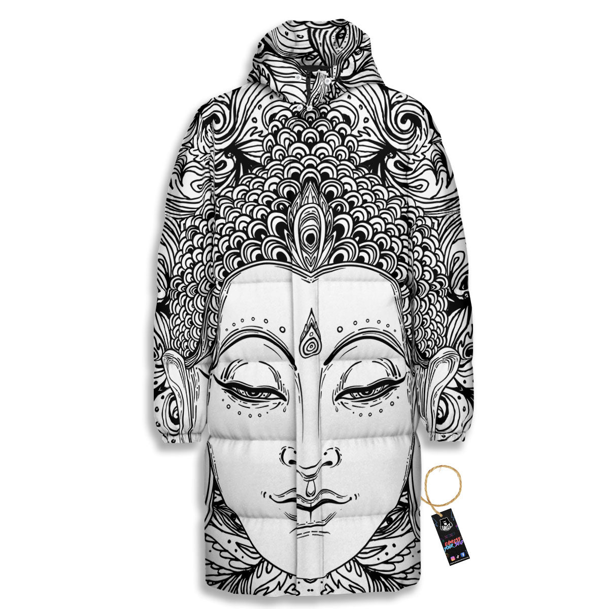 Buddha Mandala Spiritual Black White Print Long Down Jacket