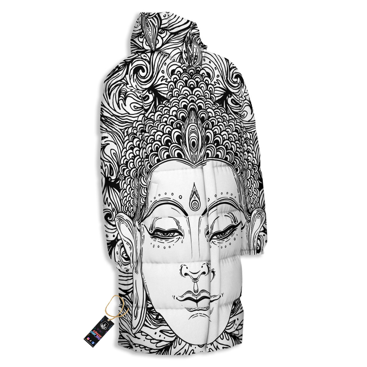 Buddha Mandala Spiritual Black White Print Long Down Jacket