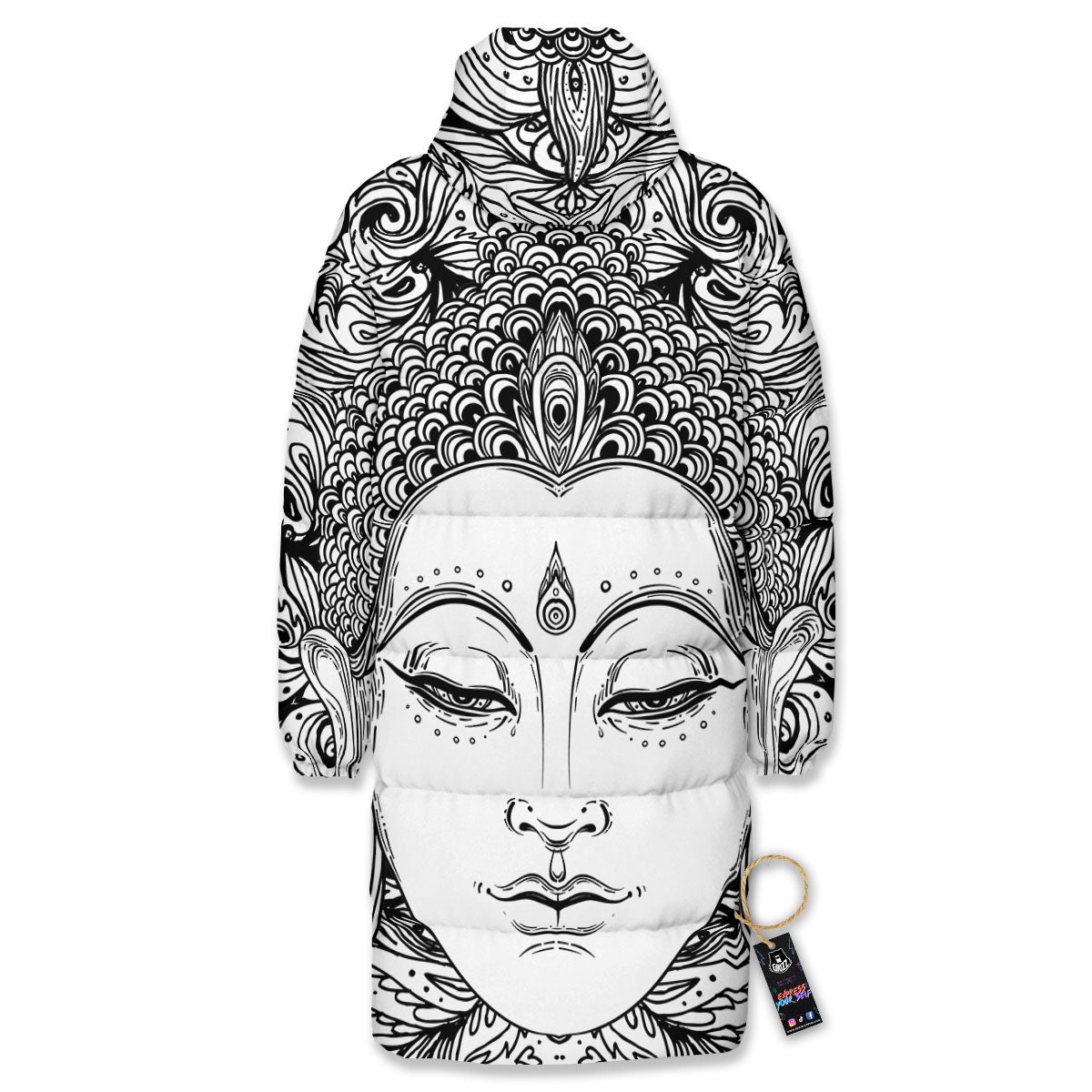 Buddha Mandala Spiritual Black White Print Long Down Jacket