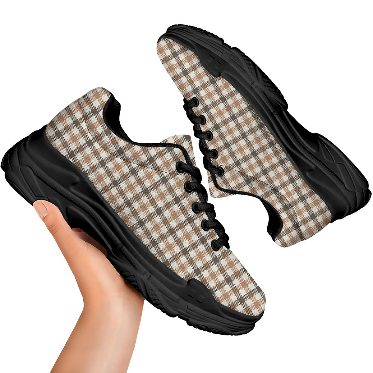 Buffalo Check Beige And Brown Print Black Chunky Shoes-grizzshop