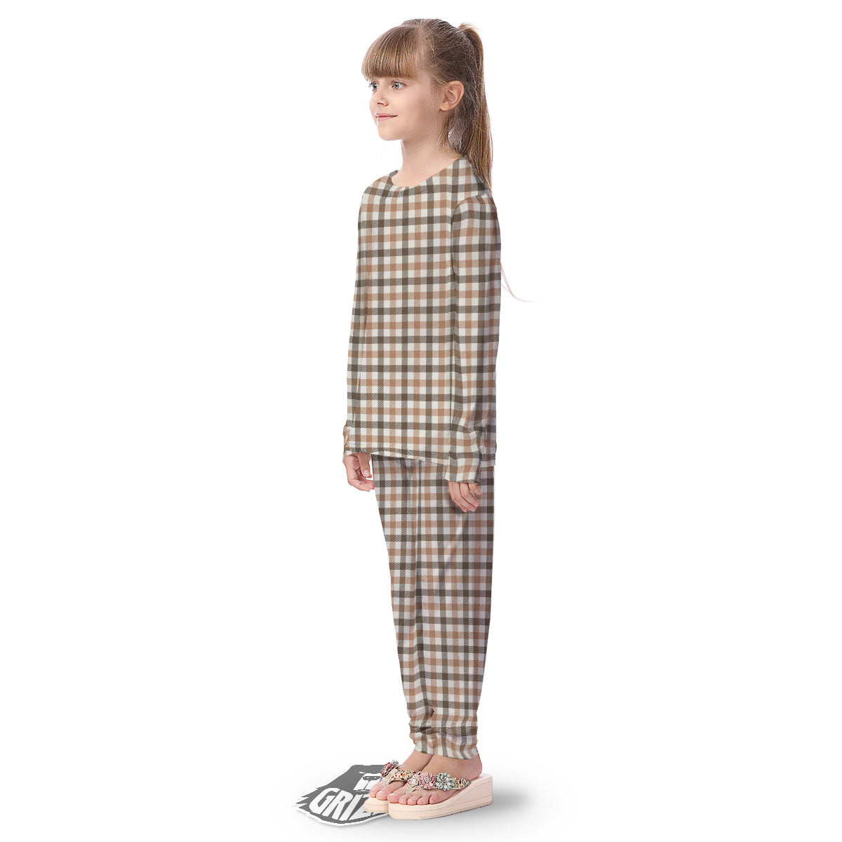 Buffalo Check Beige And Brown Print Kid's Pajamas-grizzshop