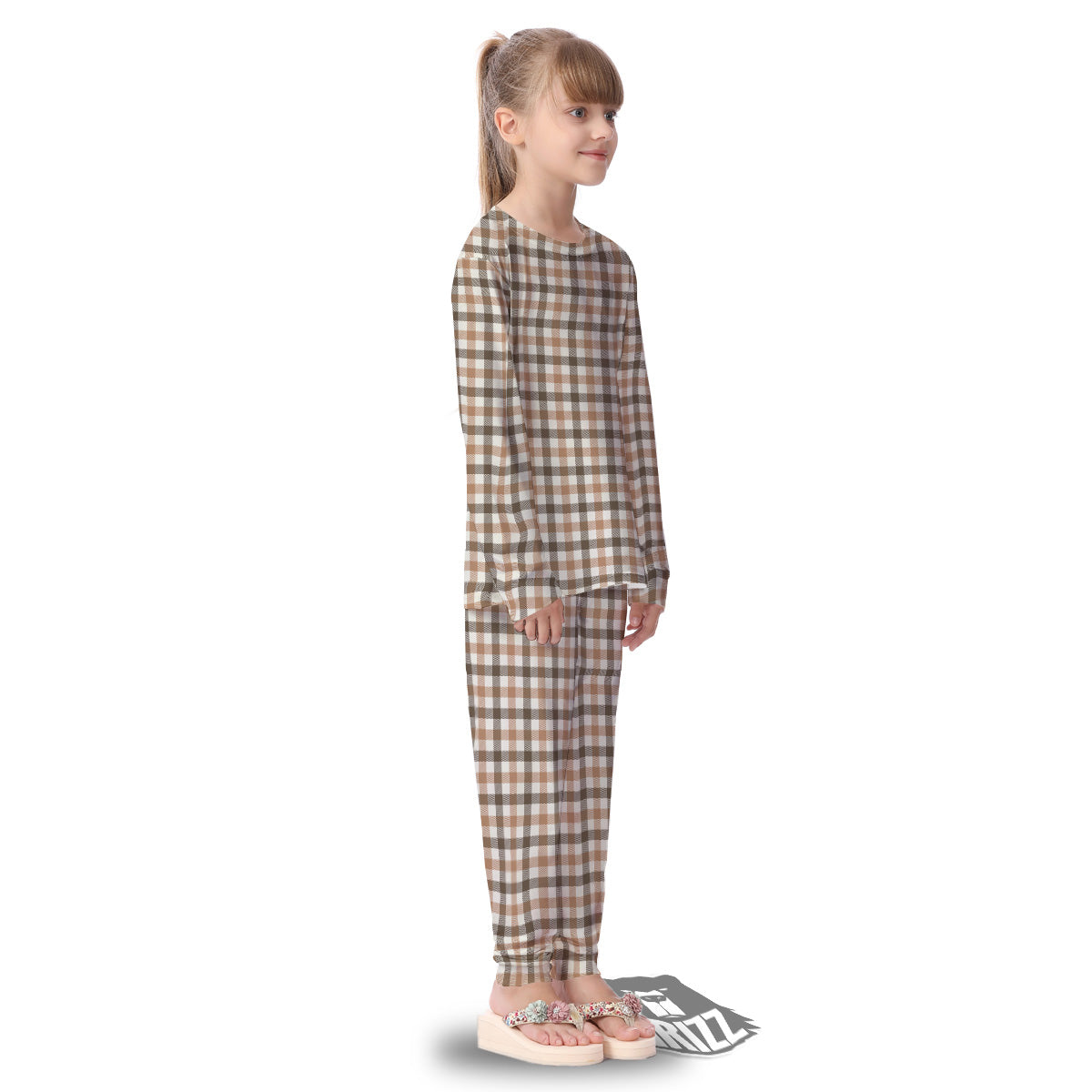 Buffalo Check Beige And Brown Print Kid's Pajamas-grizzshop
