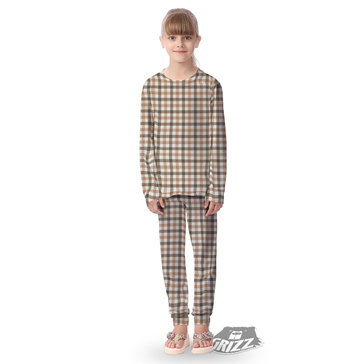 Buffalo Check Beige And Brown Print Kid's Pajamas-grizzshop