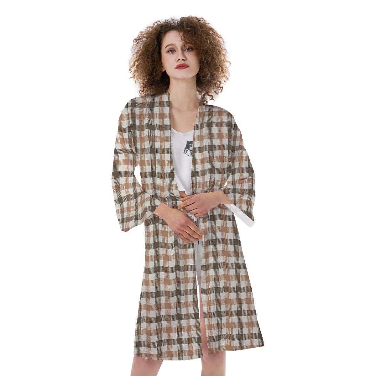Buffalo Check Beige And Brown Print Kimono-grizzshop