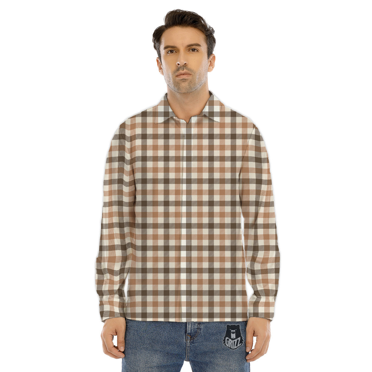 Buffalo Check Beige And Brown Print Men's Dress Shirts-grizzshop