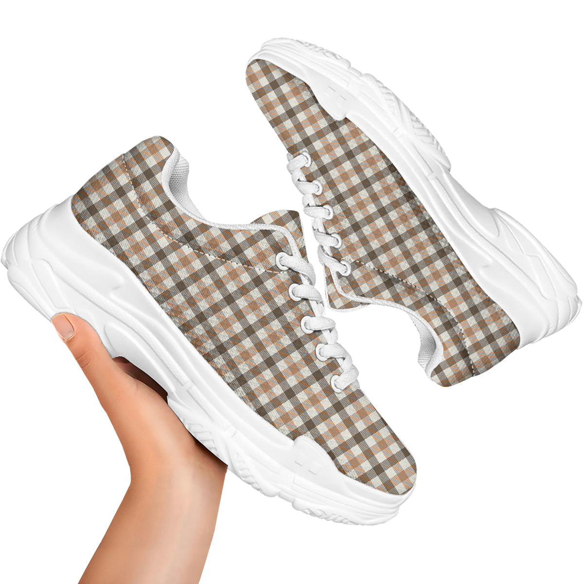 Buffalo Check Beige And Brown Print White Chunky Shoes-grizzshop