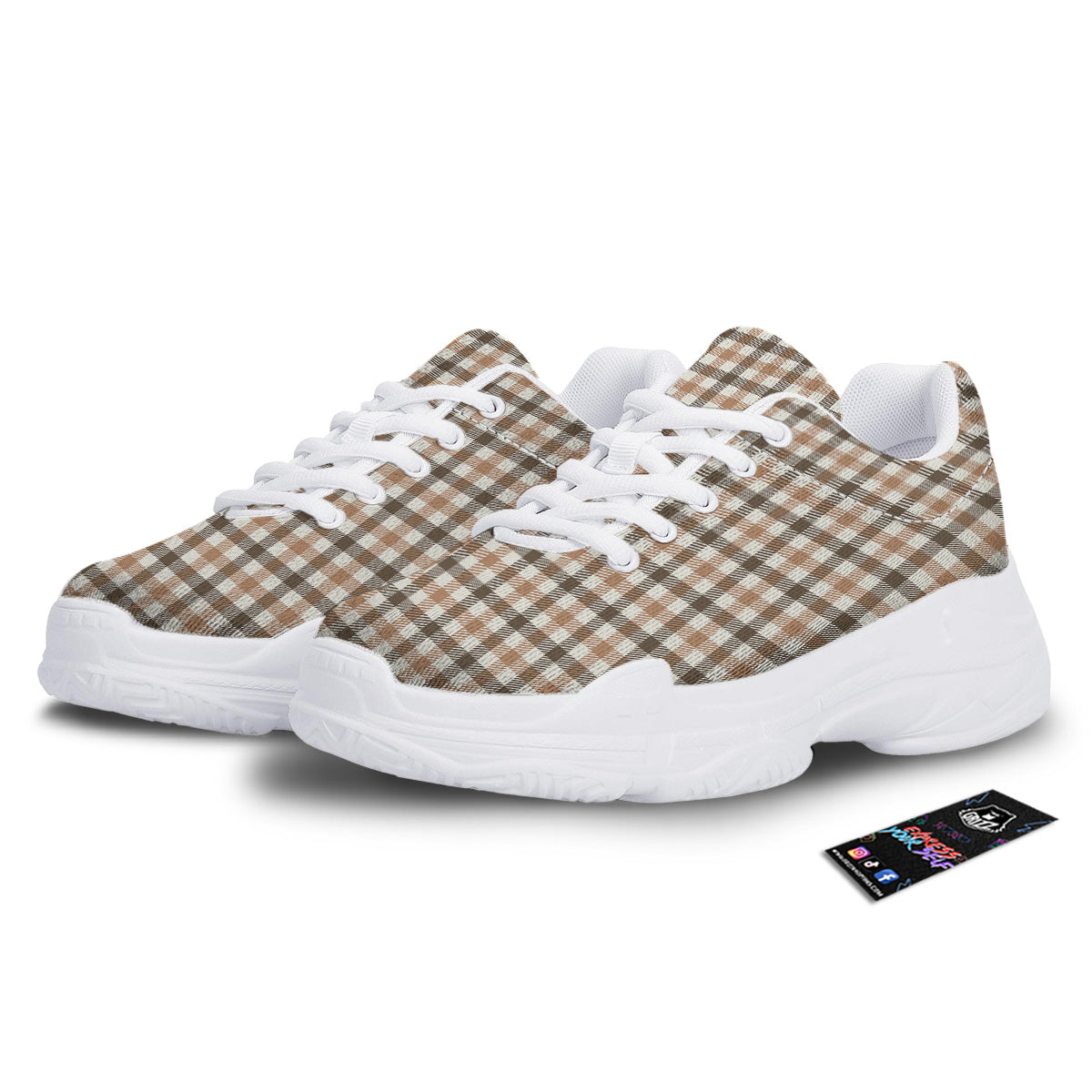 Buffalo Check Beige And Brown Print White Chunky Shoes-grizzshop