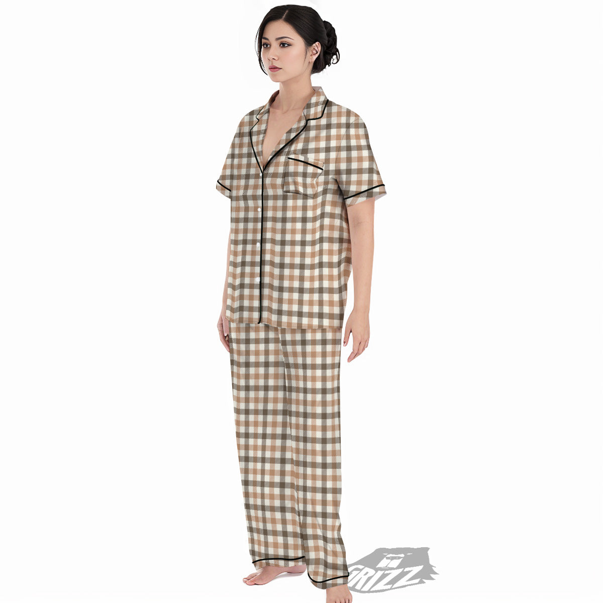 Buffalo Check Beige And Brown Print Women's Pajamas Set-grizzshop