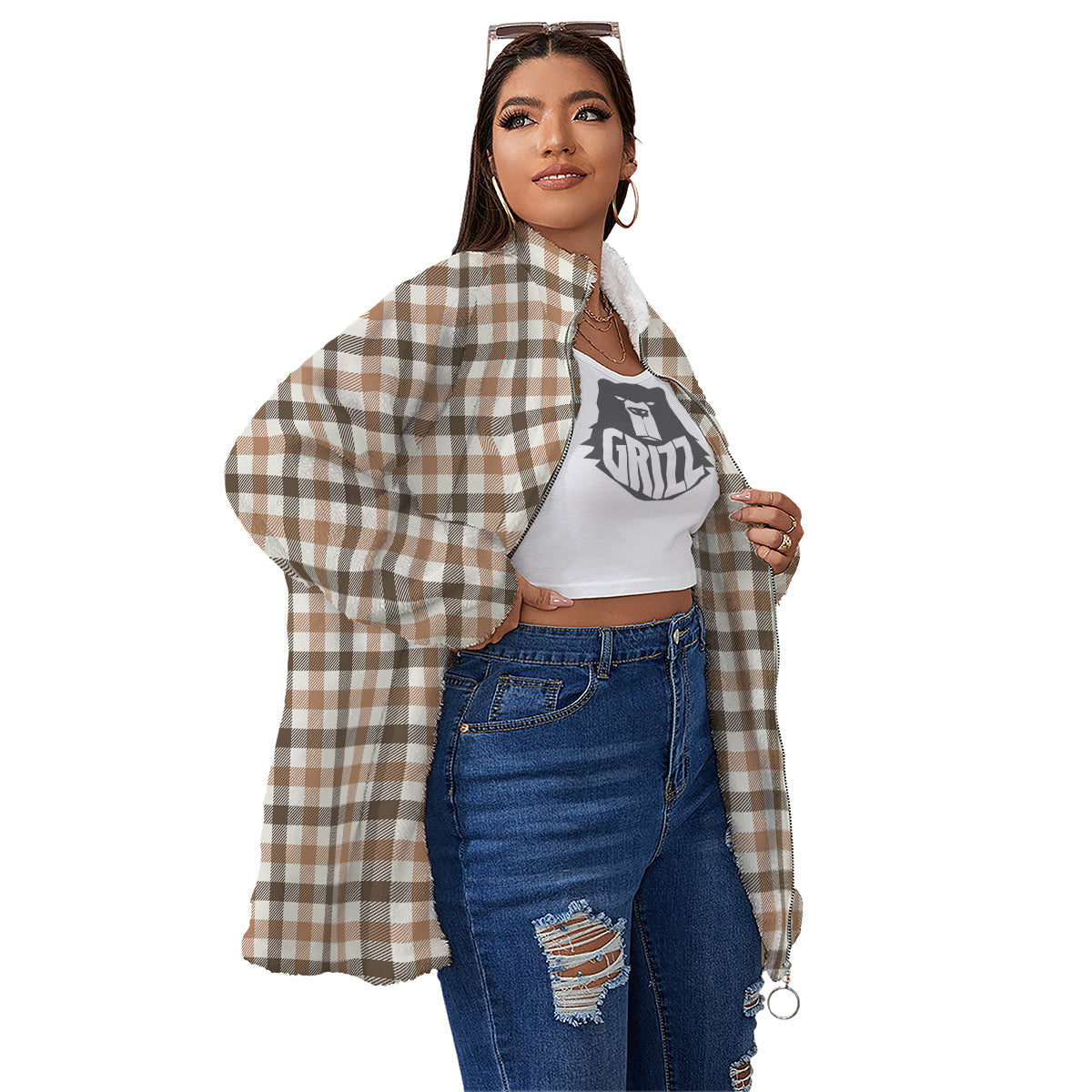 Buffalo Check Beige And Brown Print Women's Sherpa Jacket-grizzshop