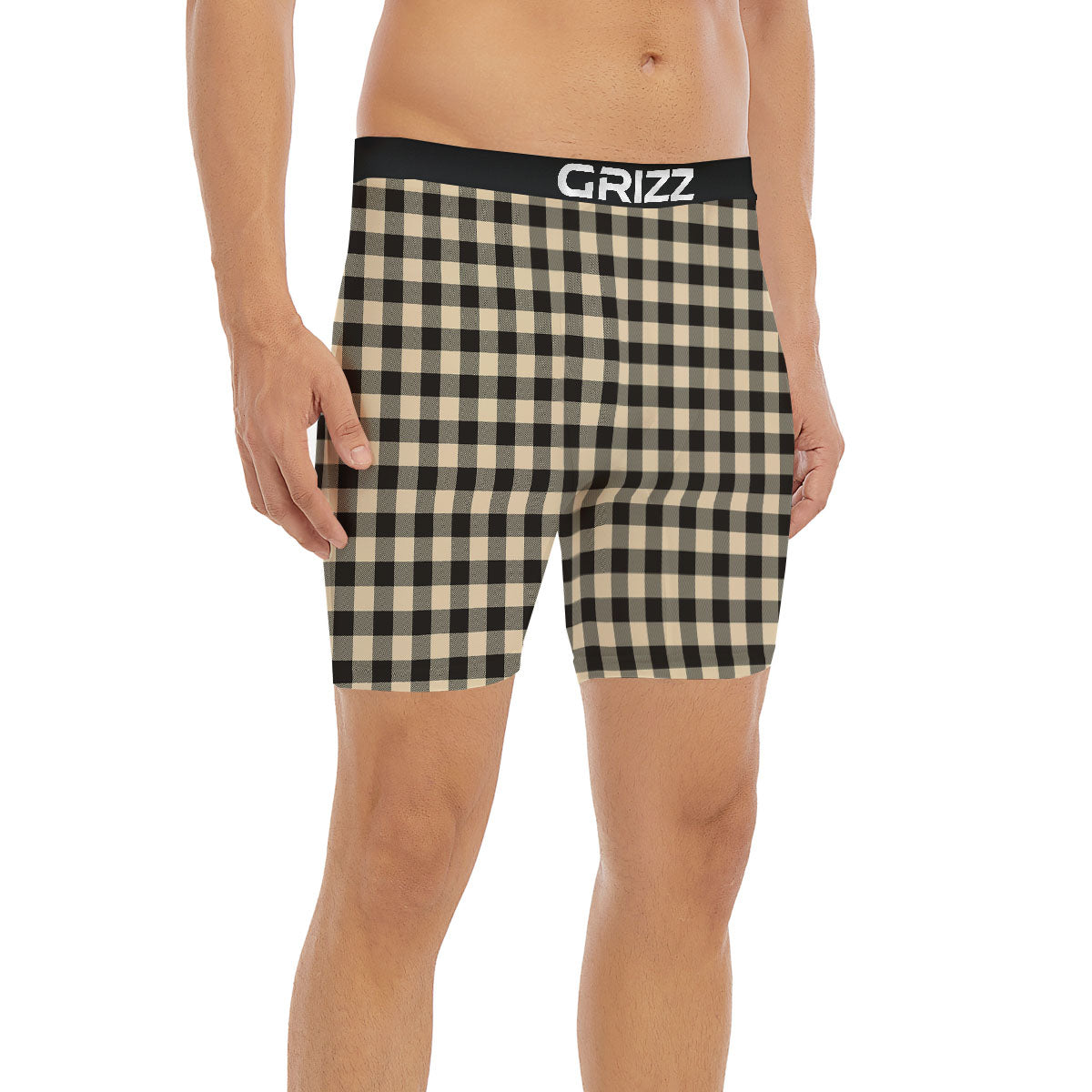 Buffalo Check Black And Beige Print Boxer Briefs-grizzshop