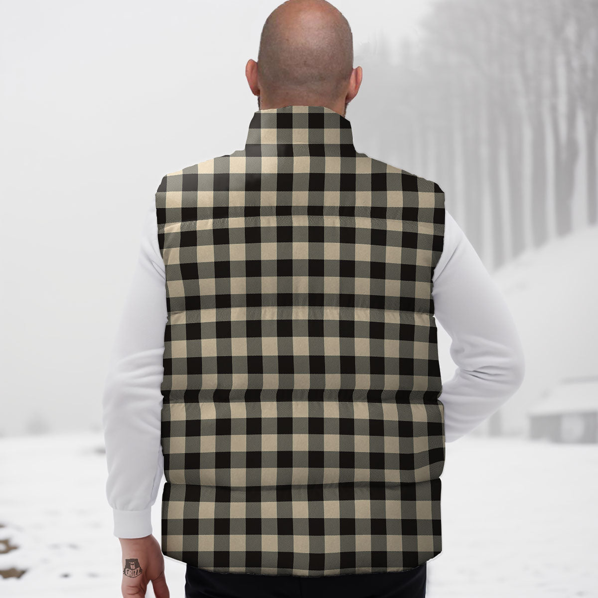 Buffalo Check Black And Beige Print Down Vest