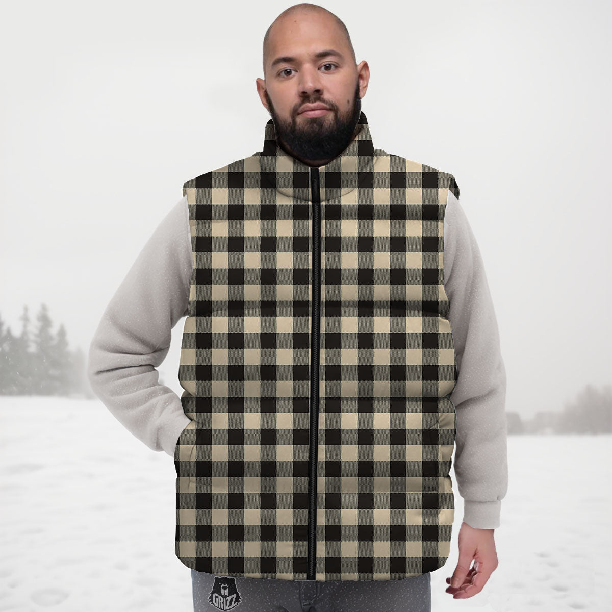 Buffalo Check Black And Beige Print Down Vest