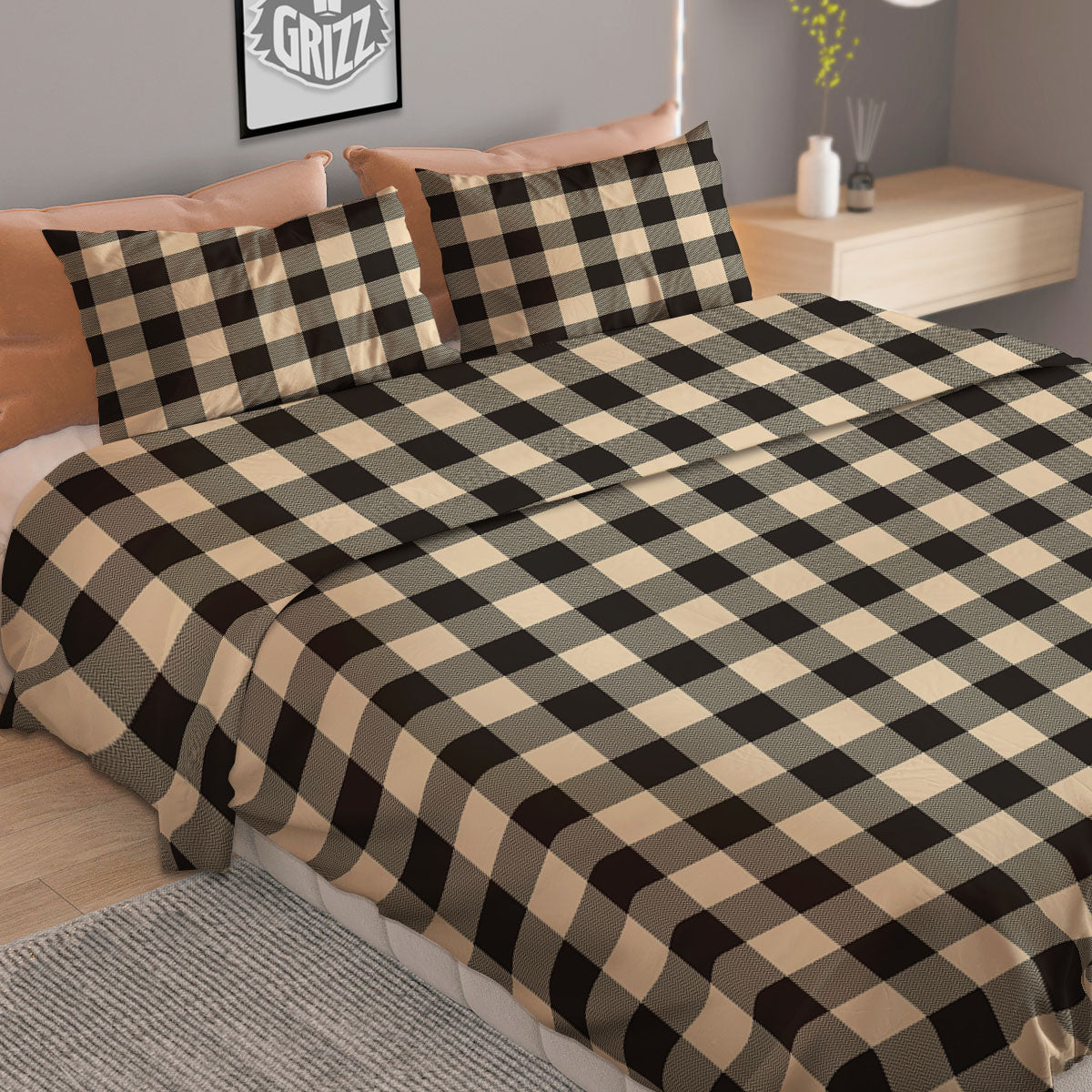 Buffalo Check Black And Beige Print Duvet Cover Bedding Set