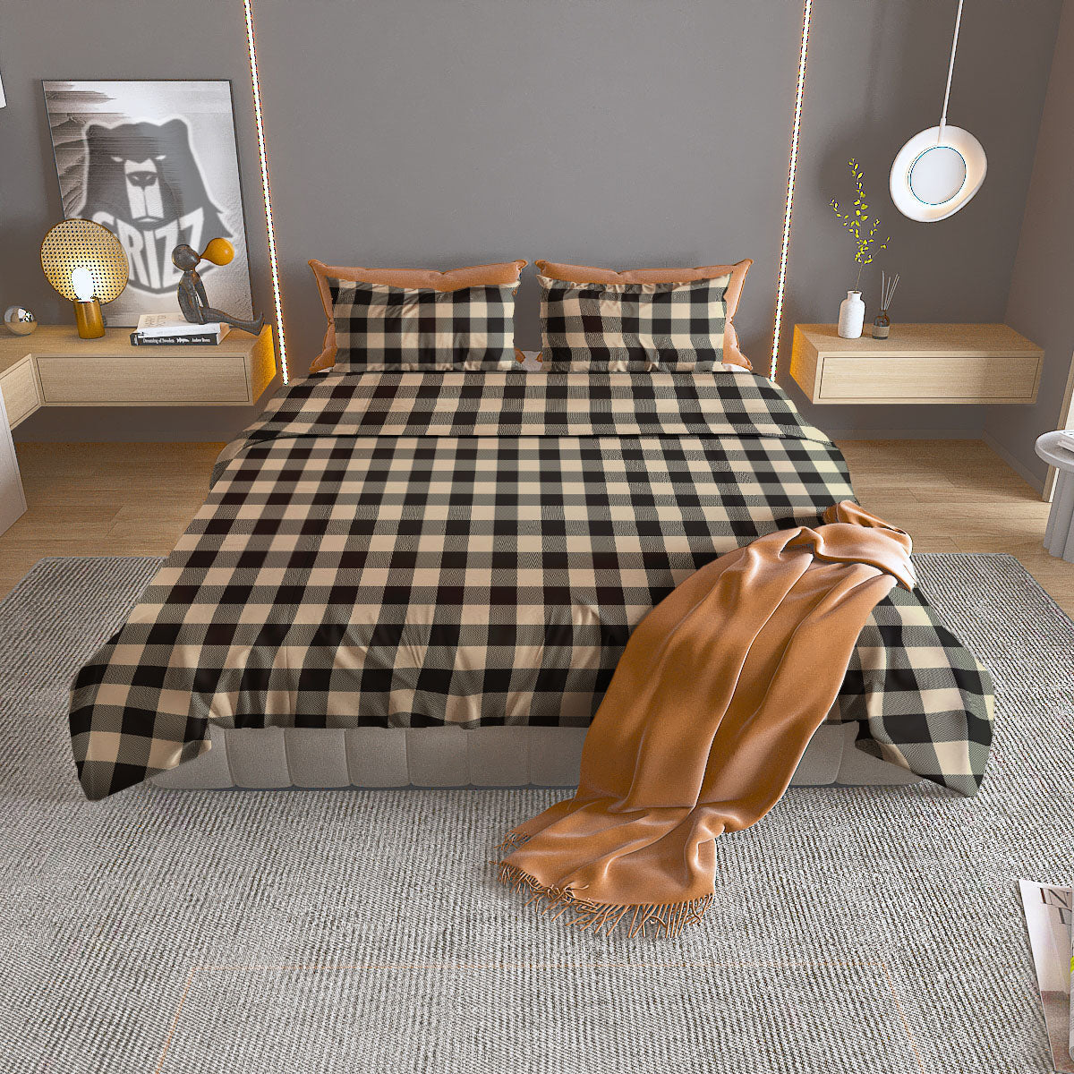 Buffalo Check Black And Beige Print Duvet Cover Bedding Set