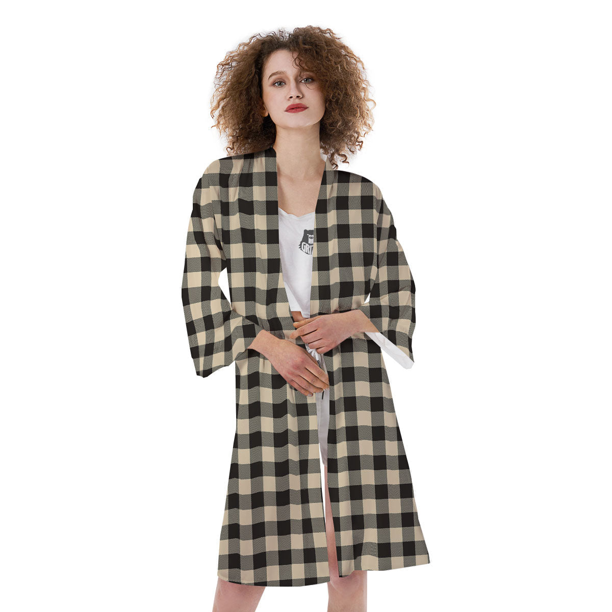 Buffalo Check Black And Beige Print Kimono-grizzshop