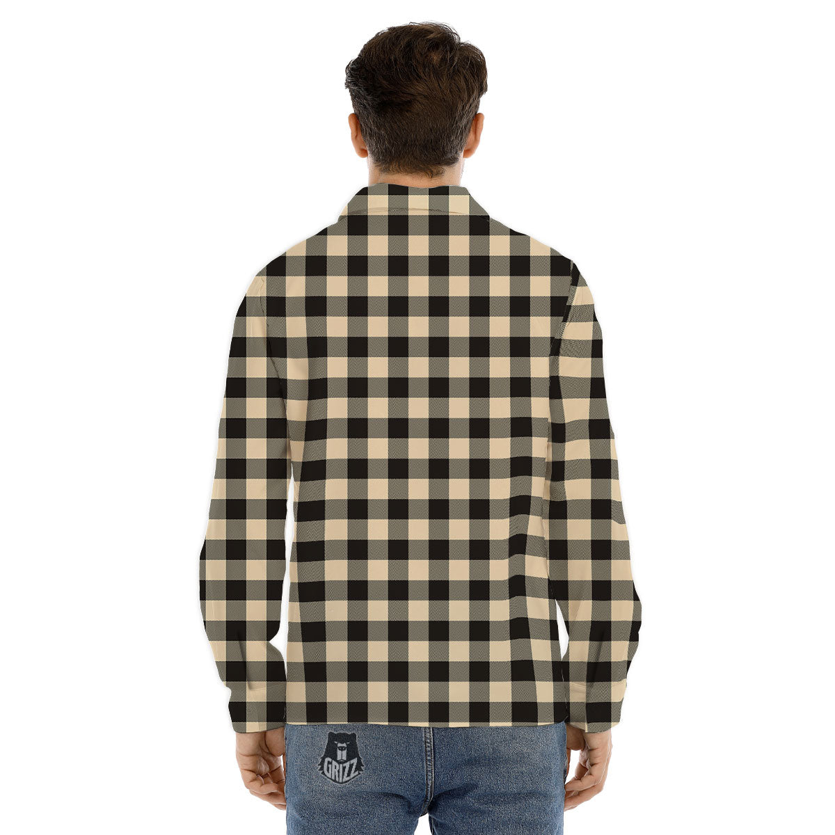 Buffalo Check Black And Beige Print Men's Dress Shirts-grizzshop