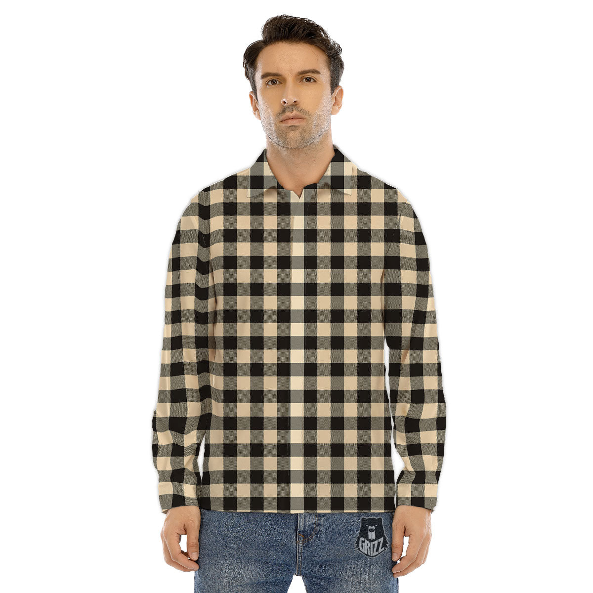Buffalo Check Black And Beige Print Men's Dress Shirts-grizzshop