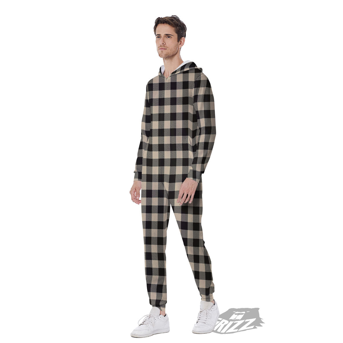 Buffalo Check Black And Beige Print Men's Jumpsuit-grizzshop