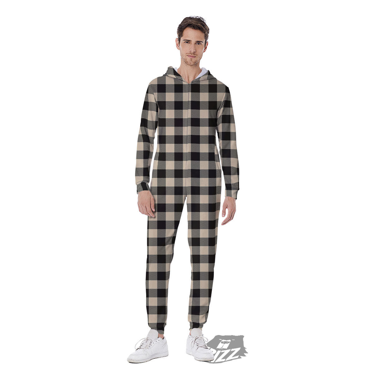 Buffalo Check Black And Beige Print Men's Jumpsuit-grizzshop