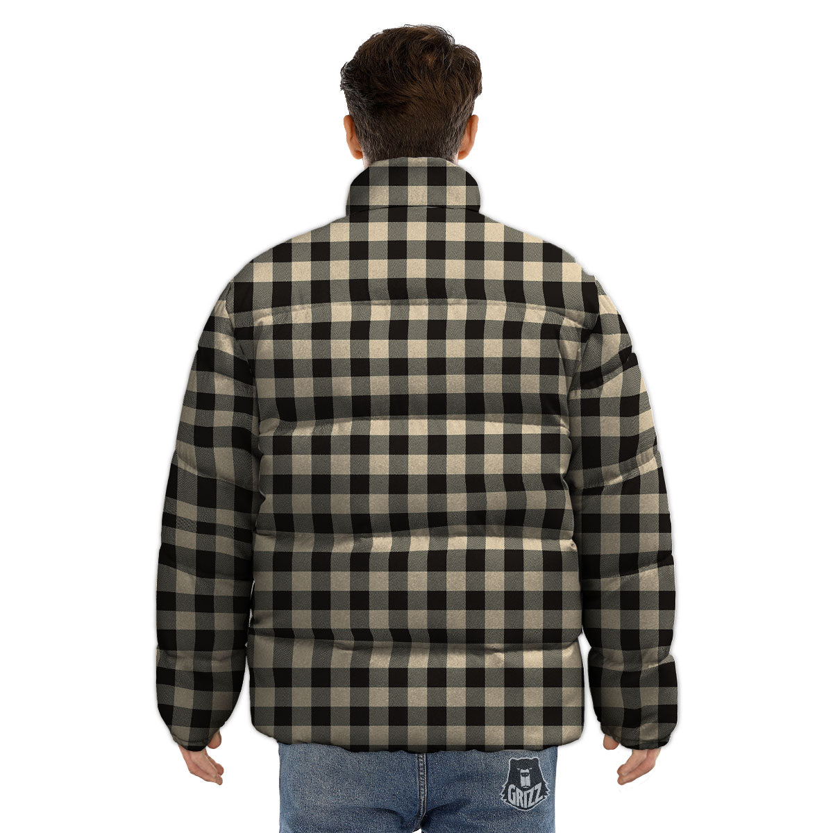 Buffalo Check Black And Beige Print Puffer Jacket-grizzshop