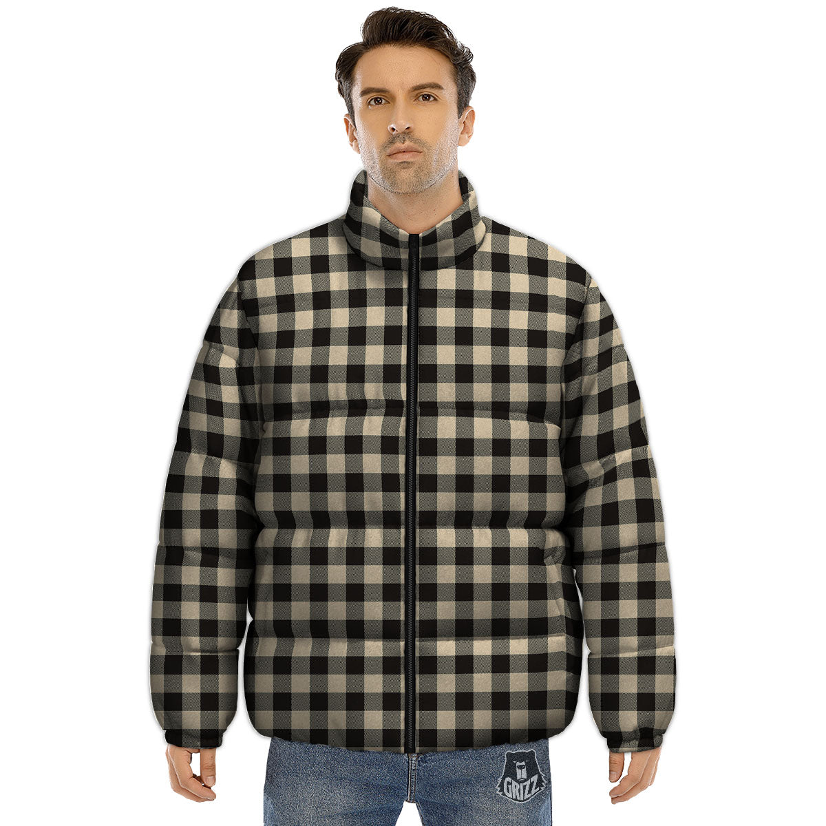 Buffalo Check Black And Beige Print Puffer Jacket-grizzshop