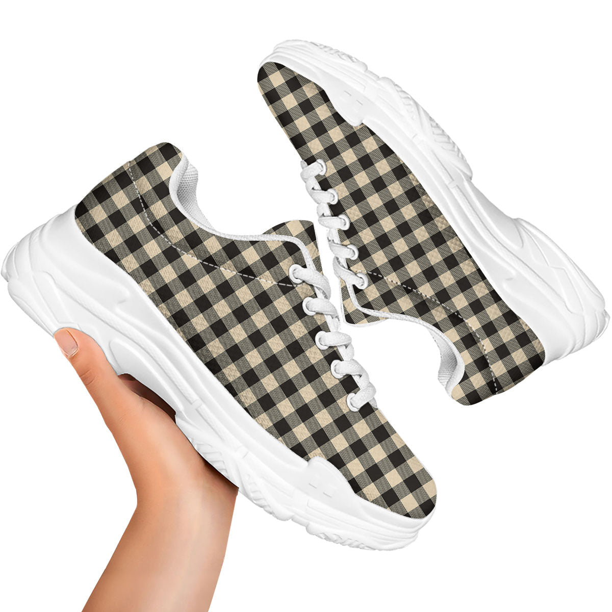 Buffalo Check Black And Beige Print White Chunky Shoes-grizzshop
