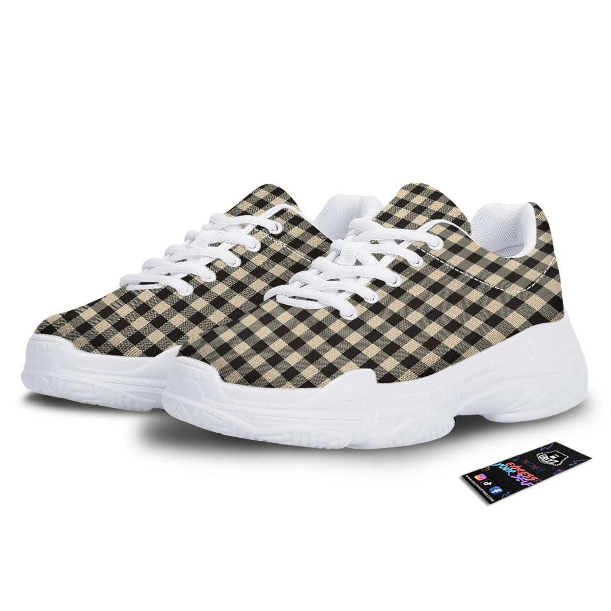 Buffalo Check Black And Beige Print White Chunky Shoes-grizzshop