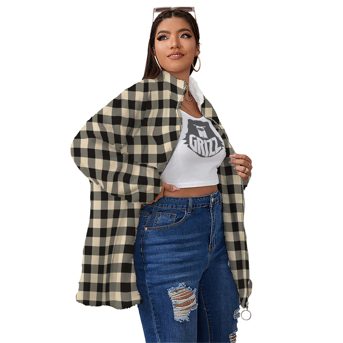 Buffalo Check Black And Beige Print Women's Sherpa Jacket-grizzshop
