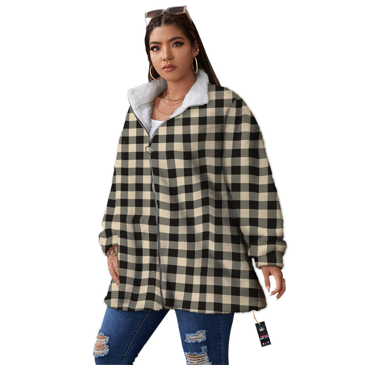 Buffalo Check Black And Beige Print Women's Sherpa Jacket-grizzshop