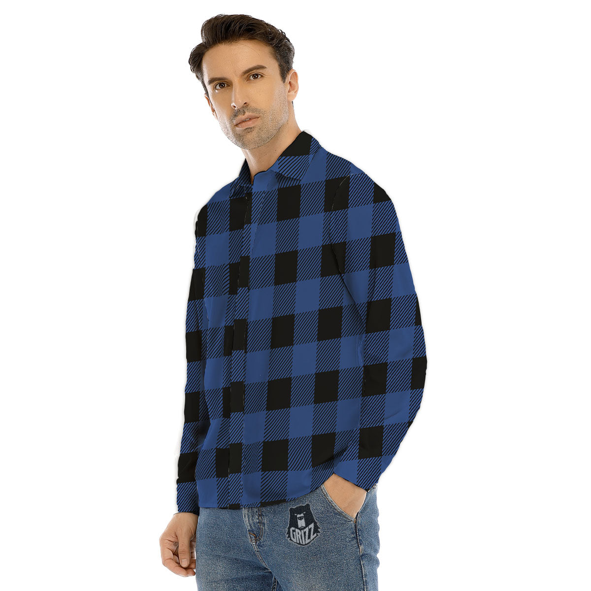 Buffalo Check Black And Blue Print Men's Dress Shirts-grizzshop