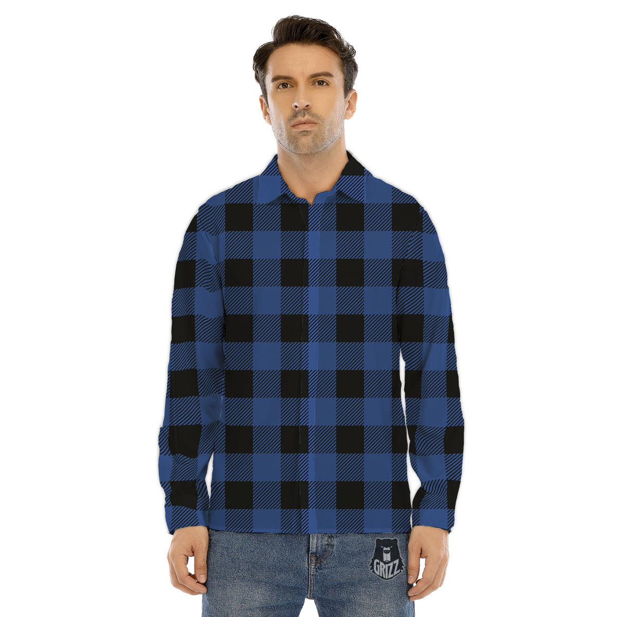 Buffalo Check Black And Blue Print Men's Dress Shirts-grizzshop