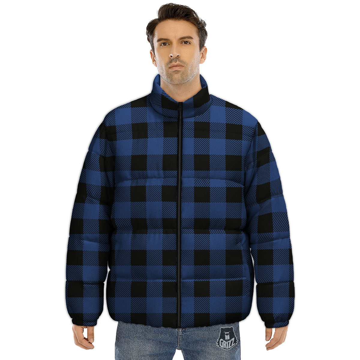 Buffalo Check Black And Blue Print Puffer Jacket-grizzshop
