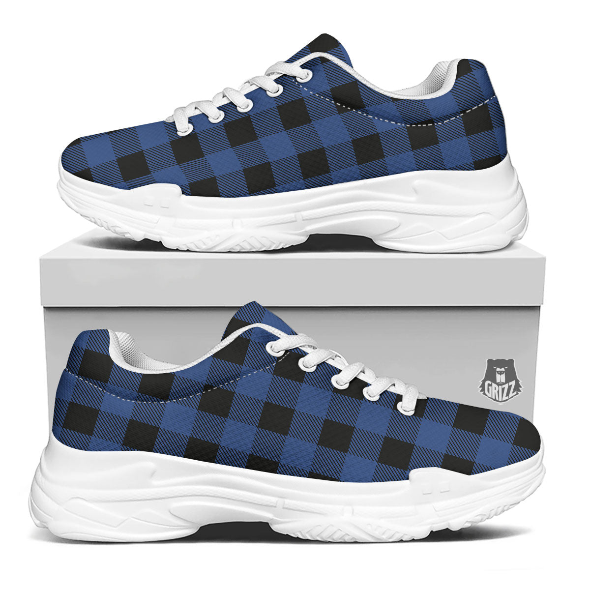 Buffalo Check Black And Blue Print White Chunky Shoes-grizzshop