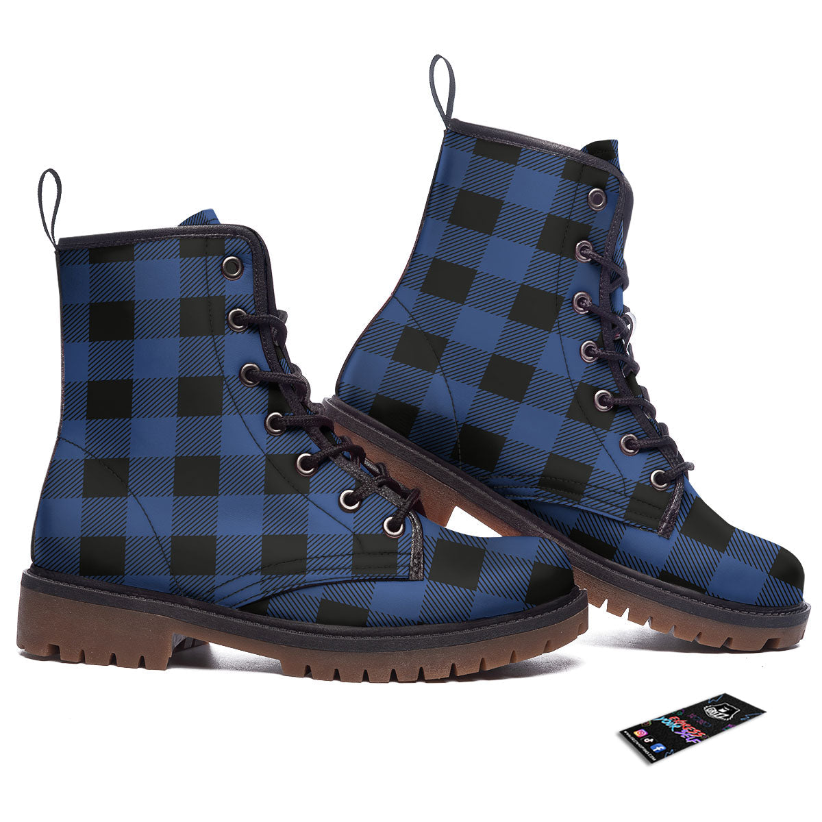Buffalo Check Black And Blue Print Work Boots-grizzshop
