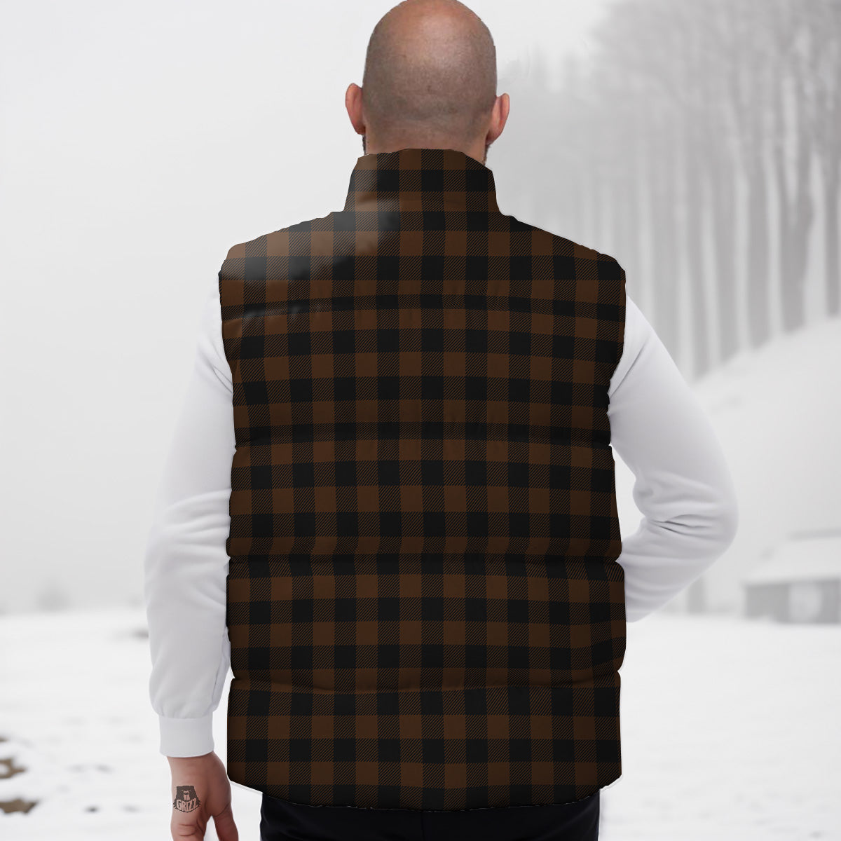 Buffalo Check Black And Brown Print Down Vest
