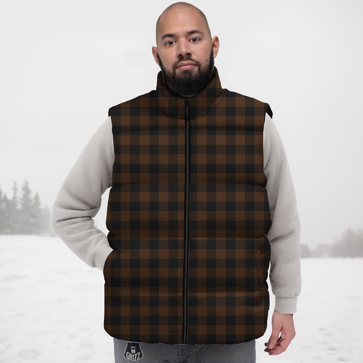 Buffalo Check Black And Brown Print Down Vest