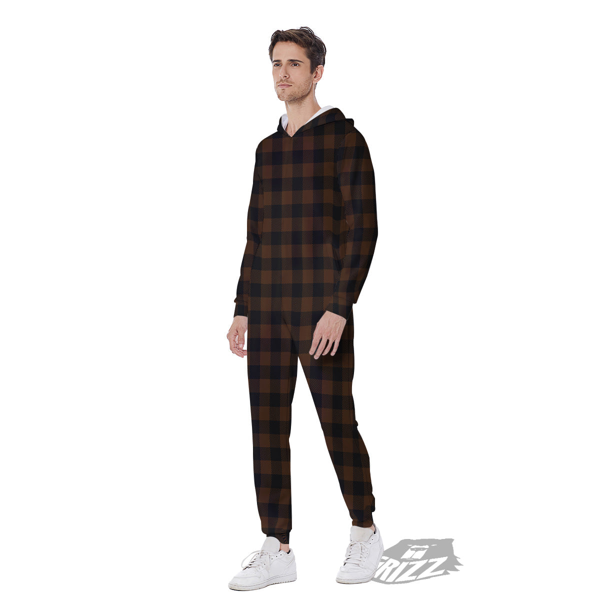 Buffalo Check Black And Brown Print Men's Jumpsuit-grizzshop