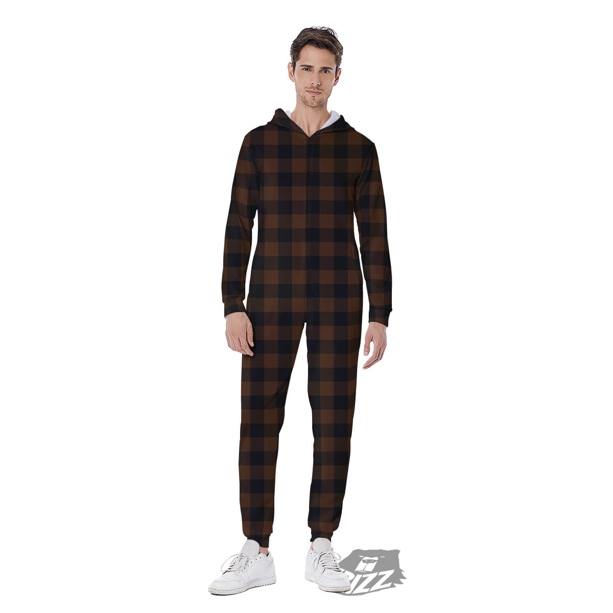 Buffalo Check Black And Brown Print Men's Jumpsuit-grizzshop