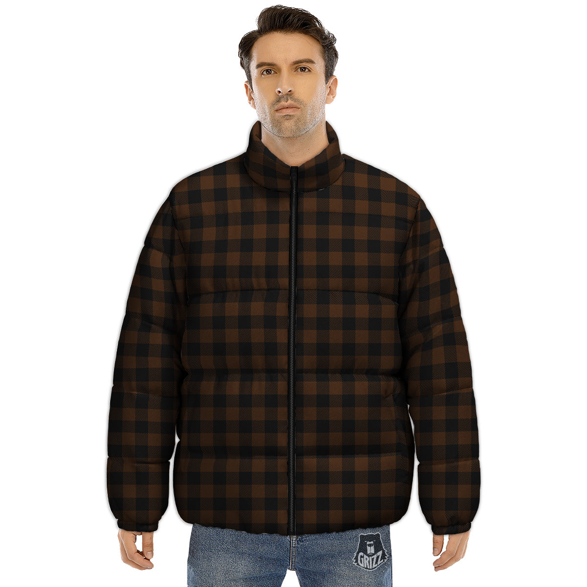 Buffalo Check Black And Brown Print Puffer Jacket-grizzshop